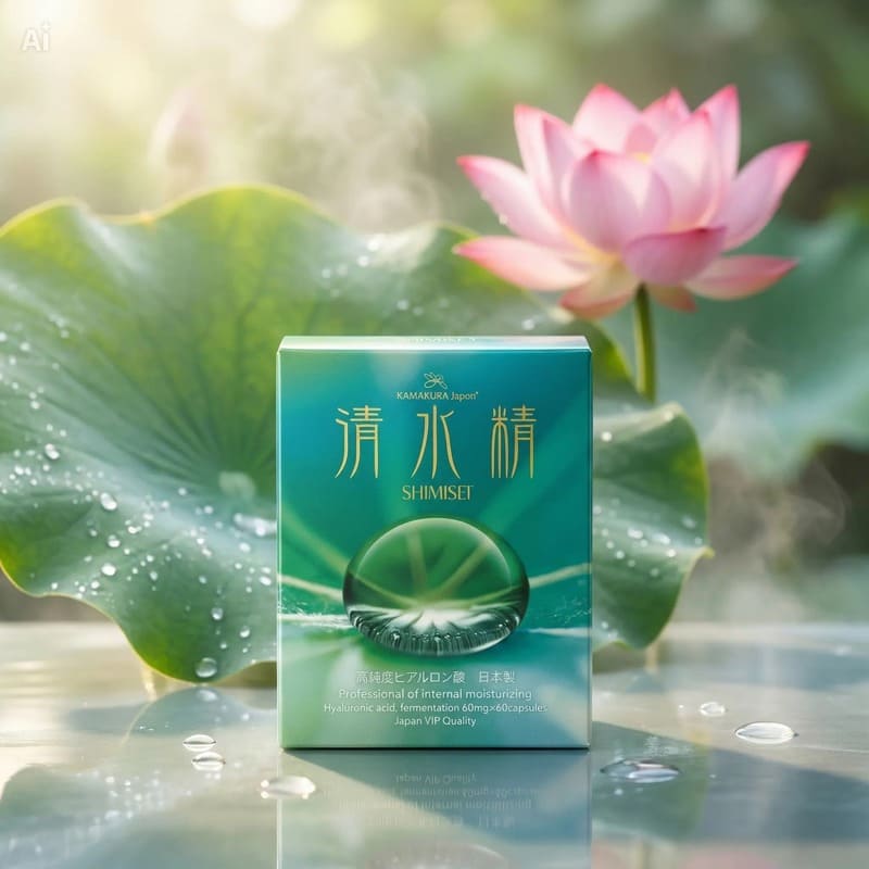 蓮の花と水面を背景にしたSHIMISEI製品ボックス。鎌倉の静けさをイメージしたビジュアル